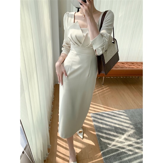 【取寄：納期2週間】長袖ワンピース 大きいサイズ L フォーマル 無地 きれいめ 春服 長袖 ハイウエスト レトロ