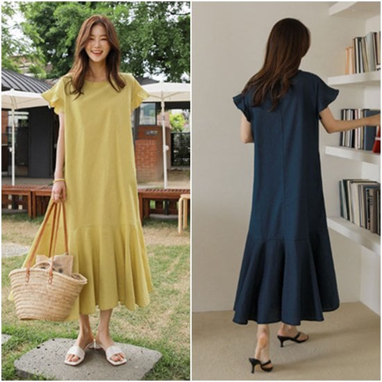 【取寄：納期2週間】半袖ワンピース ロングスカート 膝丈スカート ルーズシルエット フレアスリーブ 無地