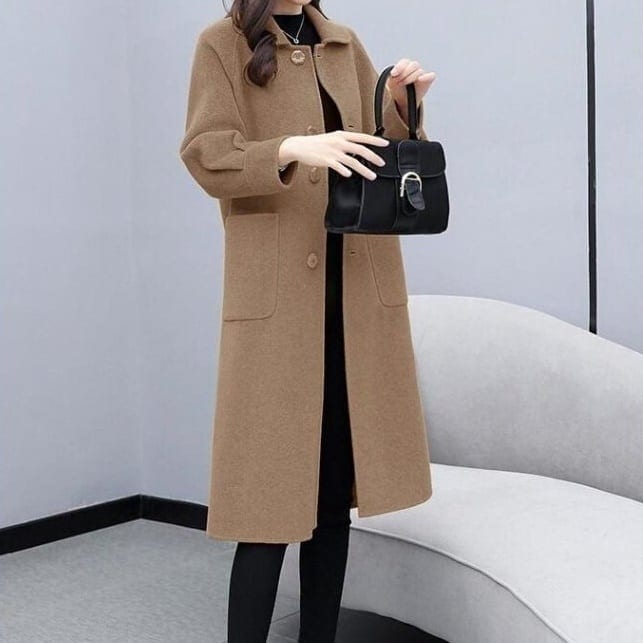 ステンカラーコート オーバー ミモレ丈 アウター ミドル丈 長袖 タック 丸襟 パフスリーブ シングル ブレスト ポケット ボタン 無地 温かい 防寒 大人 上品 おしゃれ ファッション こなれ感 l