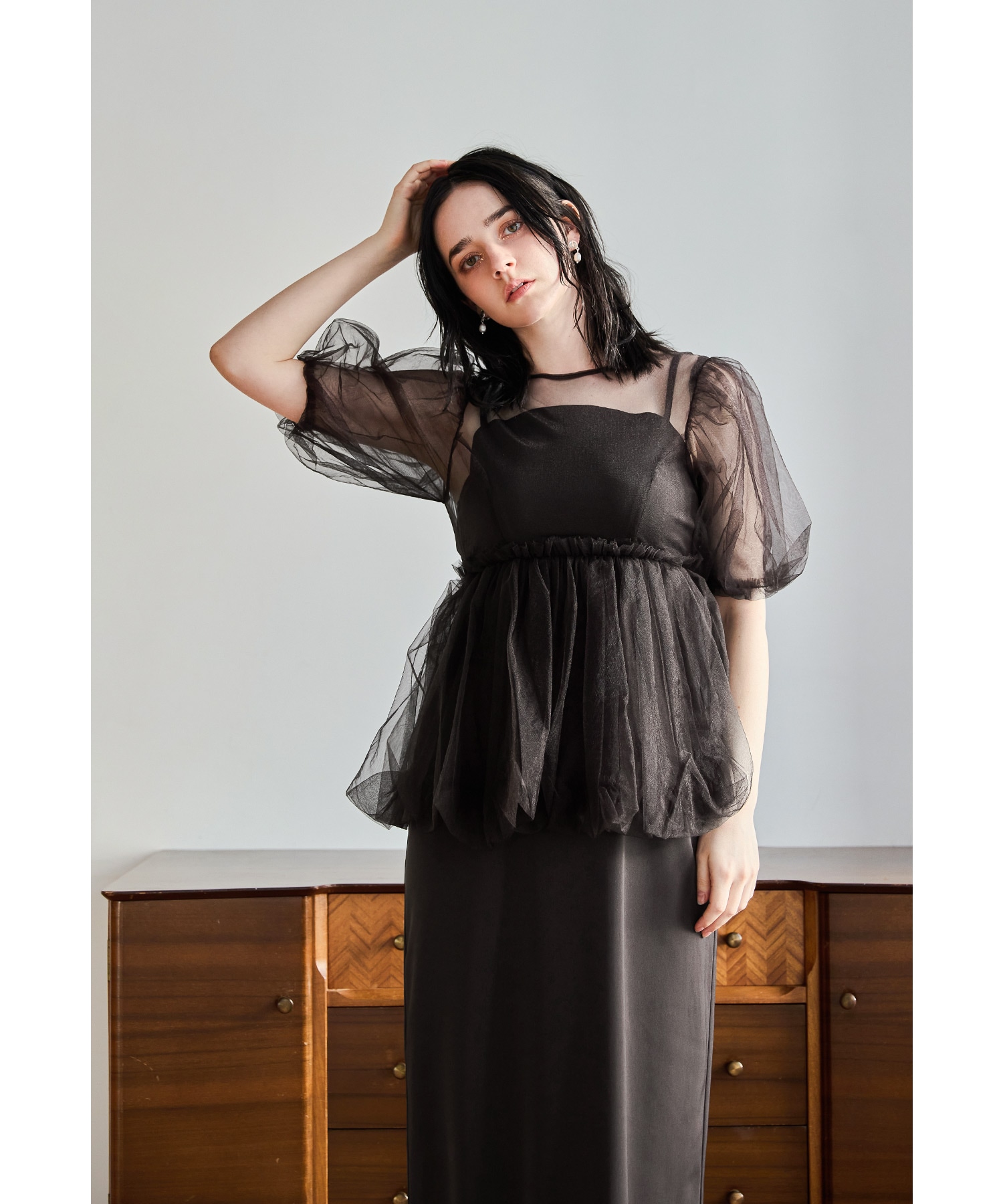 バルーンチュールレイヤードドレス パーティードレス 結婚式 シアー ブラウス Iライン ボリューム袖 無地 お呼ばれ パーティー 二次会 披露宴 謝恩会 成人式 同窓会 卒業式 フォーマル 14,296円