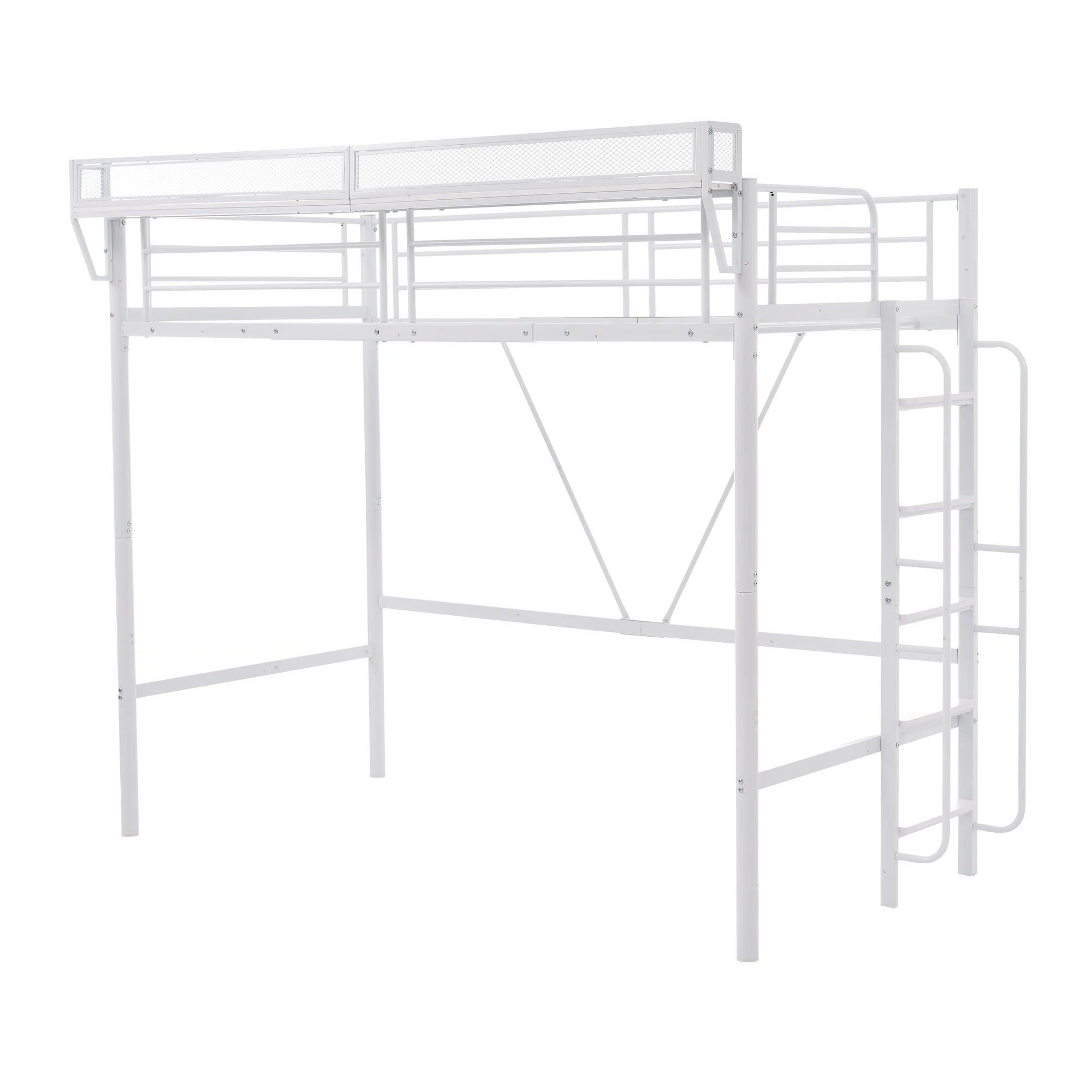 【当日発送/無料配達】【ホワイト】システムベット 宮棚　ロフトベッド シングル 手すり付き階段 便利な側面収納 北欧風 大人用　 スチール 耐震-75