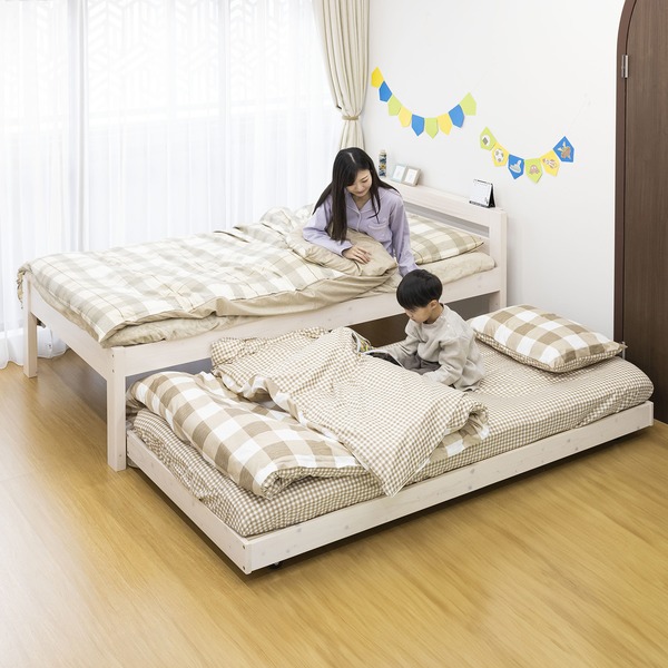 天然木 親子ベッド [ SDサイズ x Sサイズ ホワイト ] 木製 すのこ コンセント付き 棚付き ペアベッド 組立品ベッド