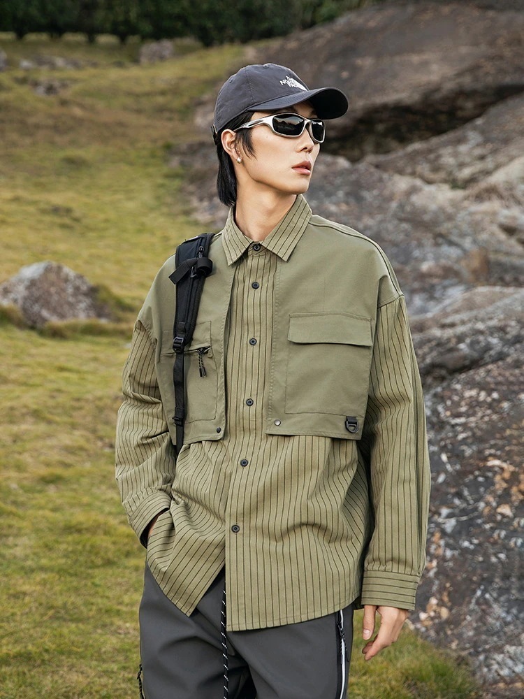 ブラウス 春と秋の新潮機能シャツメンズコットン長袖ストライプシャツ偽のツーピースワークシャツマン メンズ 長袖 韓国 メンズファッション オフィス シャツ