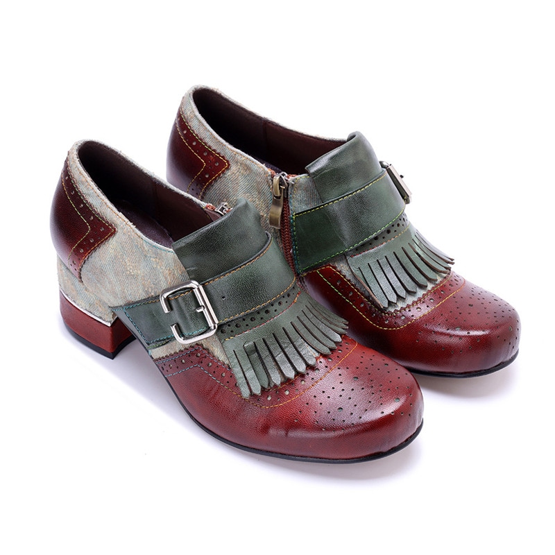 秋冬レディース欧米風ハンドメイド本革擦り色レトロブロッカーぶつけ色フリンジサイドジッパー婦人靴