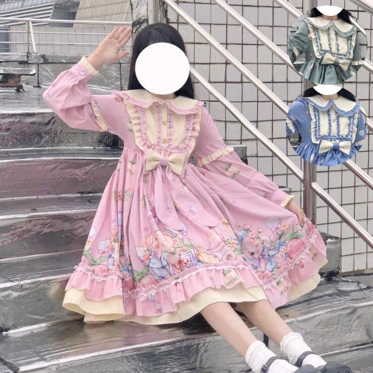 甘いロリータ服 甘ロリ ロリータワンピース 長袖ワンピース 可愛いロリータ服 丸襟 フリル 動物柄 5,173円