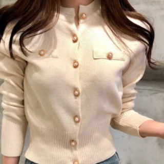 トップス レディース カーディガン 袖あり 長袖 襟なし ボタン ボタンダウン 前開き パール