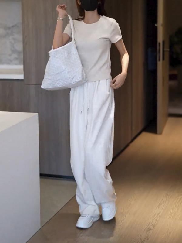 レディース ファッション オシャレ カワイイ シンプル 人カワイイ きいサイズ 白 ドローストリング カジュアル スポーツ パンツ 快適 ロング パンツハイウエスト ワイド レッグ