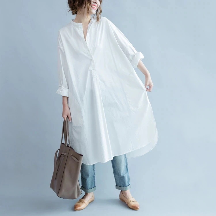 1395.ロングシャツワンピース（ホワイト） 2019 春夏 sale シンプル チュニック カジュアル マタニティ服大きいサイズ 体型カバーワンピース
