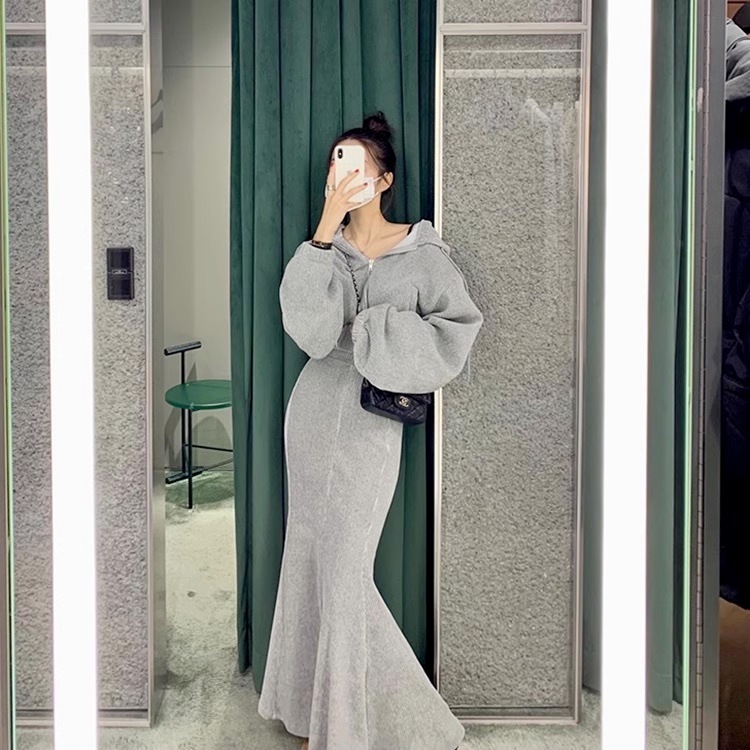 【セットアップ】パーカー＋マーメイドスカート フード付きショートセーター ロングスカート set up 上下セット レディース 2点セット ニットアップ ３カラー a5021