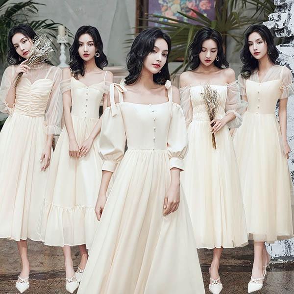 ブライズメイド ドレス ミモレ丈 二次会 シャンパン 小さいサイズ 大きいサイズ 結婚式 体型カバー