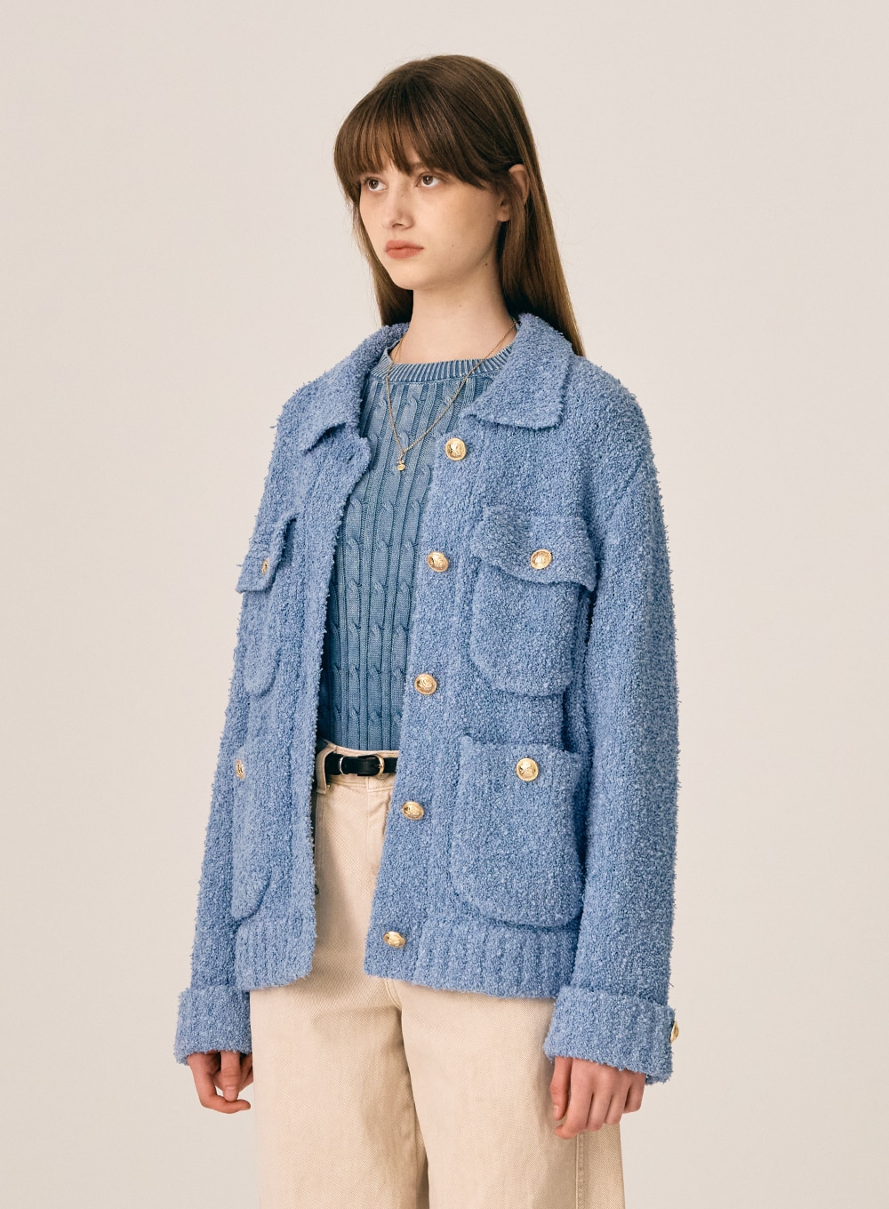 【SATUR】 (W) BOUCLE TWEED COLLAR KNIT CARDIGAN JACKET : SOFT BLUE