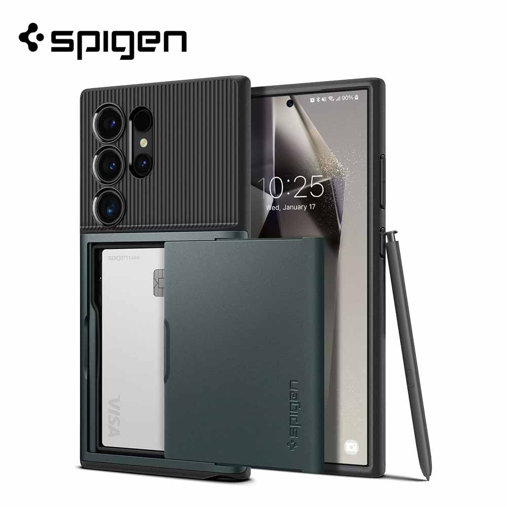 即納 ギャラクシー Galaxy シュピゲン Spigen スリムアーマー/アビスグリーン S25Ultra/S24Ultra カード2枚収納 二重構造 耐衝撃 米軍MIL規格 ケース カバー 送料無