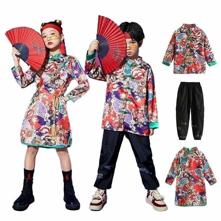 【本日限定】中華風 花柄 ダンス衣装 セットアップ 二点セット キッズ 龍柄 緑 チャイナ風 ジャズ 女の子 男の子 ワンピース チャイナドレス パンツ 唐装 ダンス衣装 k-pop 子供服 ヒップホ