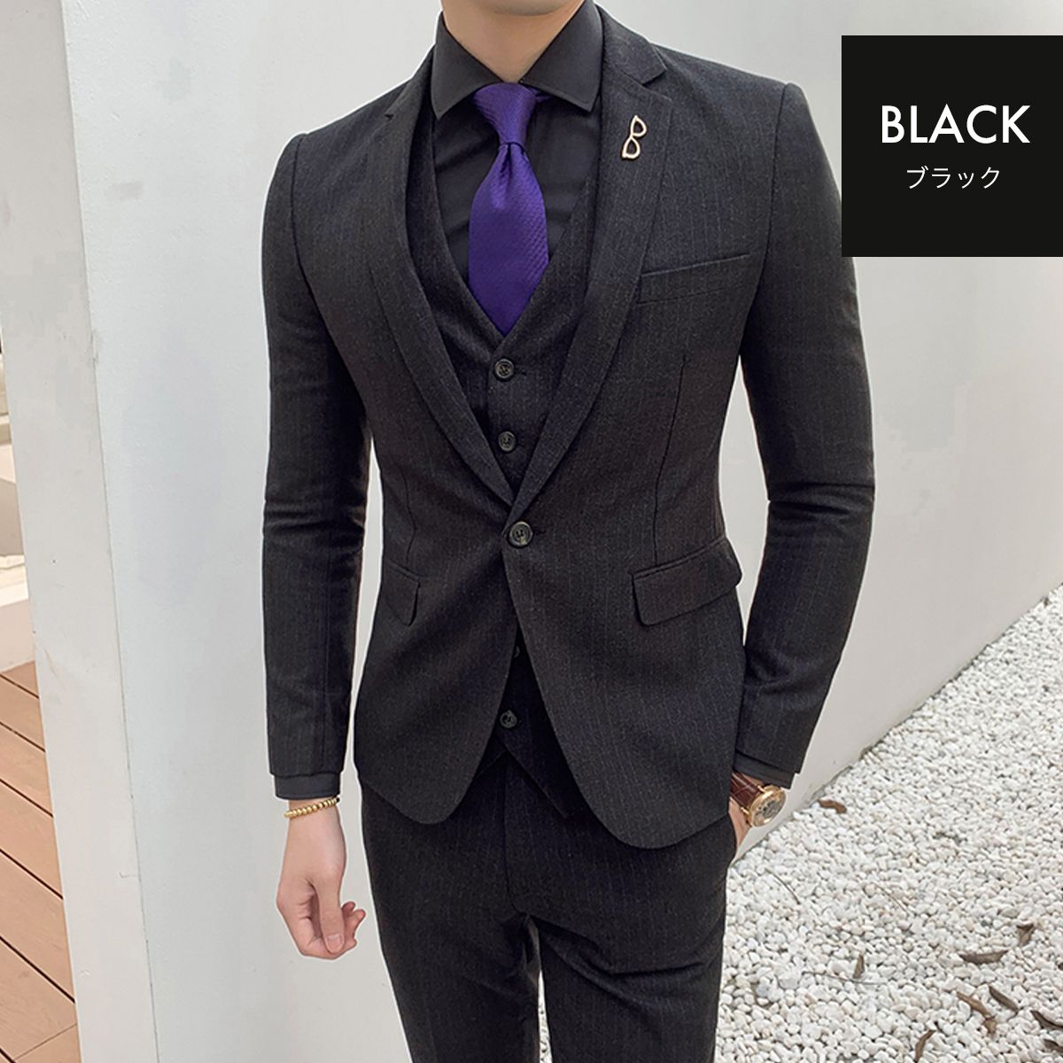 入学式スーツスリーピーススリムスーツメIンズビジネス紳士服セットアップストライプ1つボタン3ピーススーツウォッシャブル洗える細身3点セット通勤就職入社式卒業式結婚式宴会リゾートオールシーズン