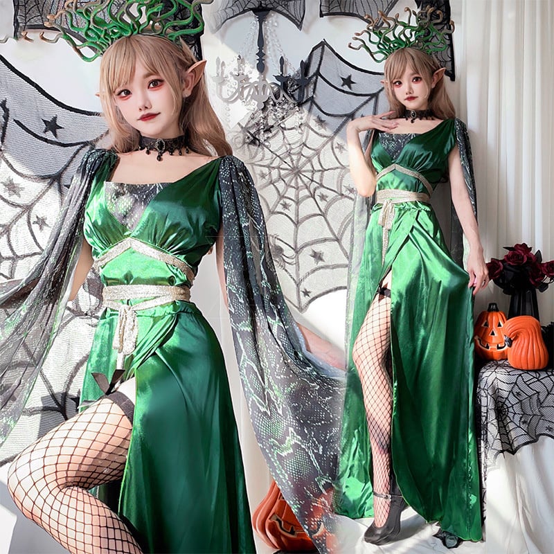 ハロウィン 今年 短纳期 巫女 ゴブリン コスプレ 学園祭 文化祭 グリーン ワンピース