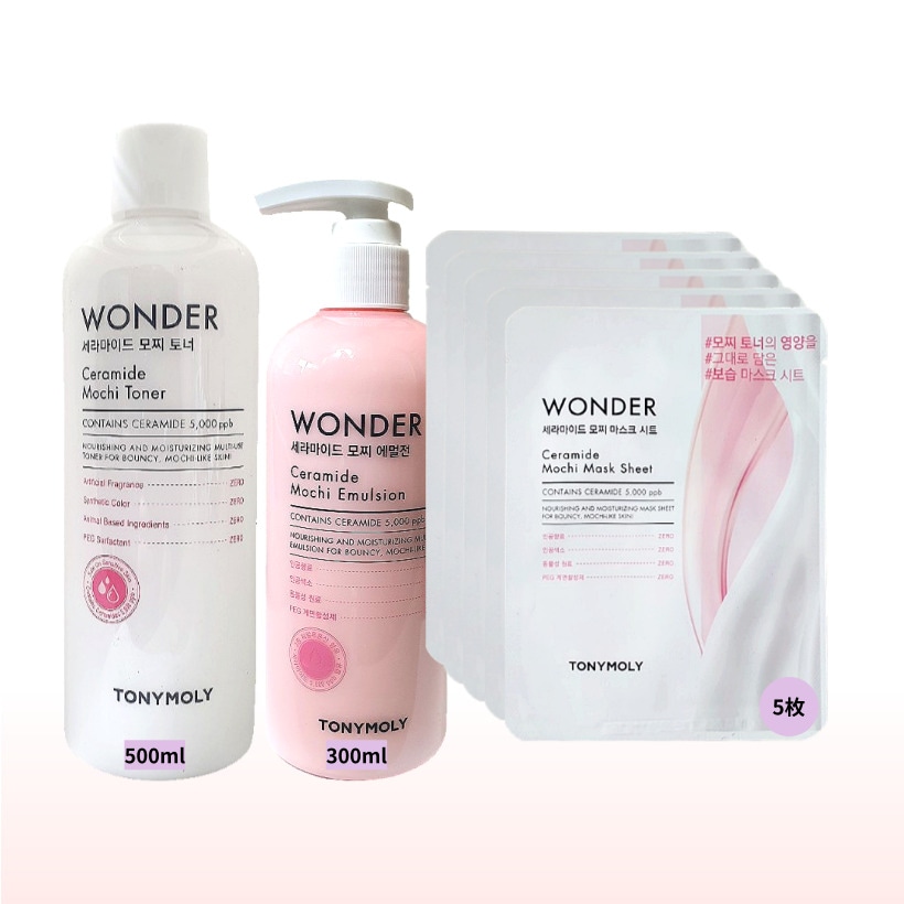 [韓国人気 スキンケア3点セット] ワンダーセラミド モチトナー 500ml 1本 + エマルジョン300ml 1本 + マスクシート5枚 / 正規品 化粧水 低刺激 保湿 鎮静 マスクパック