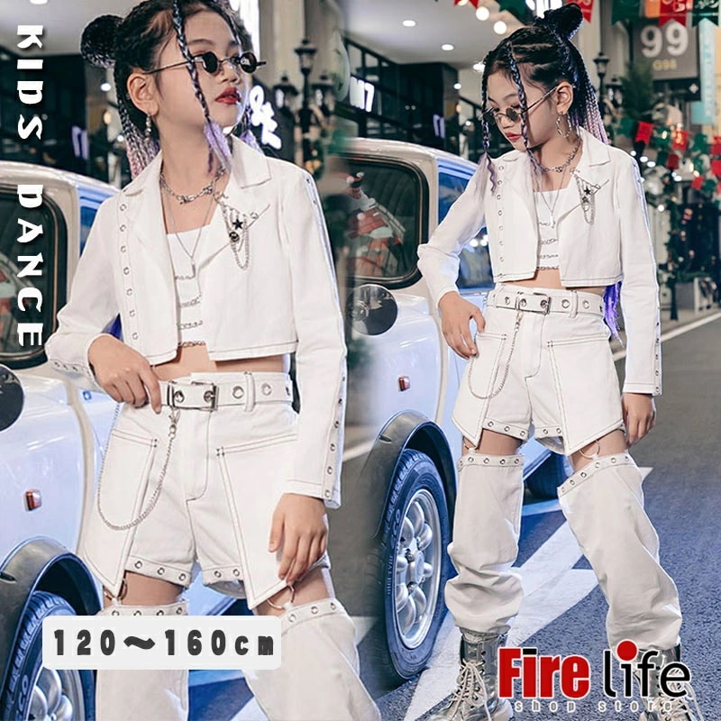 キッズダンス衣装 ヒップホップ チアガール Hiphop ジャズ ホワイトセットアップ オシャレ 子供服 韓国 白 練習着 応援団 イベント 舞台衣装 ダンスウェア 演出服 ステージ衣装