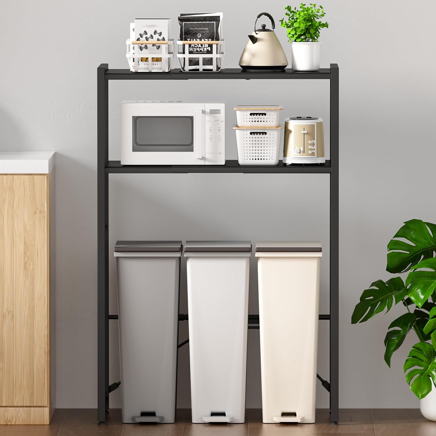 【幅伸縮可上下調整可】ゴミ箱上ラック TKUIN 電子レンジラック レンジ台 幅60～80cm 高さ8段階調整 トースター置き台 多機能 キッチンラック キッチンボード 冷蔵庫上収納棚 レンジボード