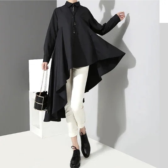 個性 不規則 デザイン ロングアシンメトリーシャツ 黒 個性的なシャツ