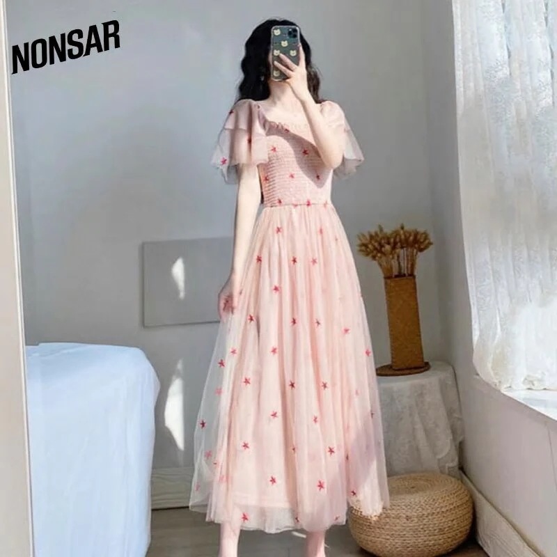 春ピンクスター女性成長ドレスかわいいフレッシュレースローショルダーガールストリートシ