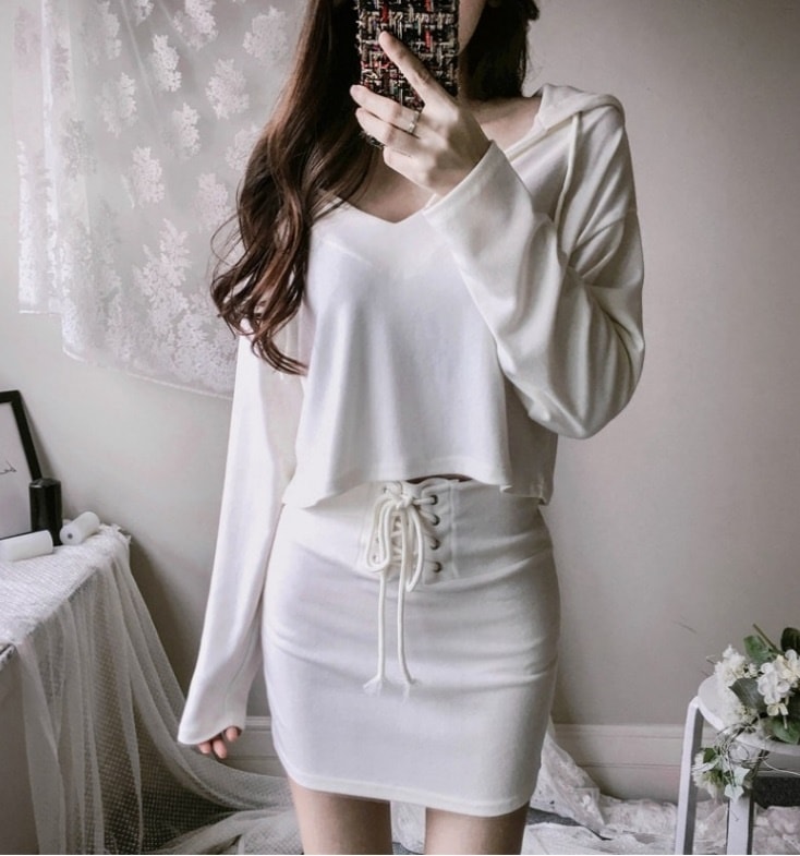 スキニーパンツ ハイウエスト セクシーカジュアル ワイドパンツ タイトスカート デニム フード+コルセット風スカートSET