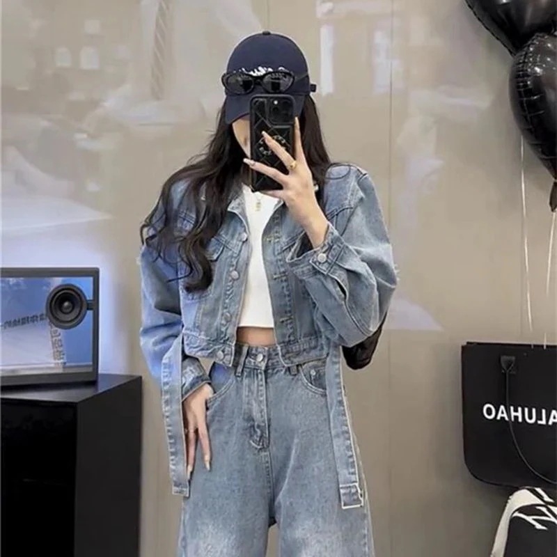 オールインワンセットアップセットアップ新デニムスーツ女性韓国版リーンレジャーショートジャケットストレートパンツ2点セット デニムスーツ 5,030円
