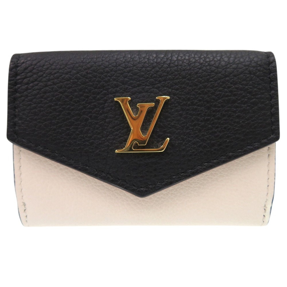 美品 LVロゴ コンパクトウォレット ミニ財布 ポルトフォイユロックミニ M80984 三つ折り財布 レザー/レザー ブラック LV 0196【中古】 レディース