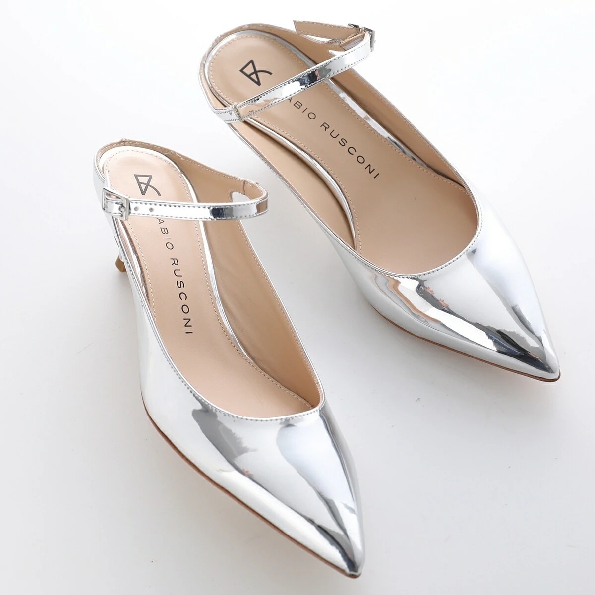 FABIO RUSCONI ファビオルスコーニ メリージェーンパンプス E 2003 SASSUOLO SPECCHIO レディース レザー ポインテッドトゥ ミュール 靴 ARGENTO