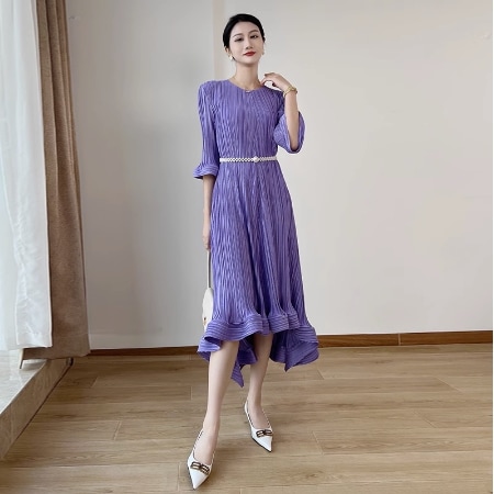 ワンピース 膝丈 ひざ丈 膝下 ミモレ ミモレ丈 袖あり 5分袖 五分袖 Uネック ラウンドネック フリル ベルト ウエストマーク かわいい 大人可愛い きれいめ シンプル 大人 上品 おしゃれ