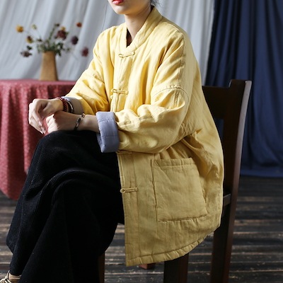 オリジナル　亜麻　保温　厚くゆったりとした　綿入れ　中性風　スタンドカラー　ループ綿入れを作る　ジャケット　上着