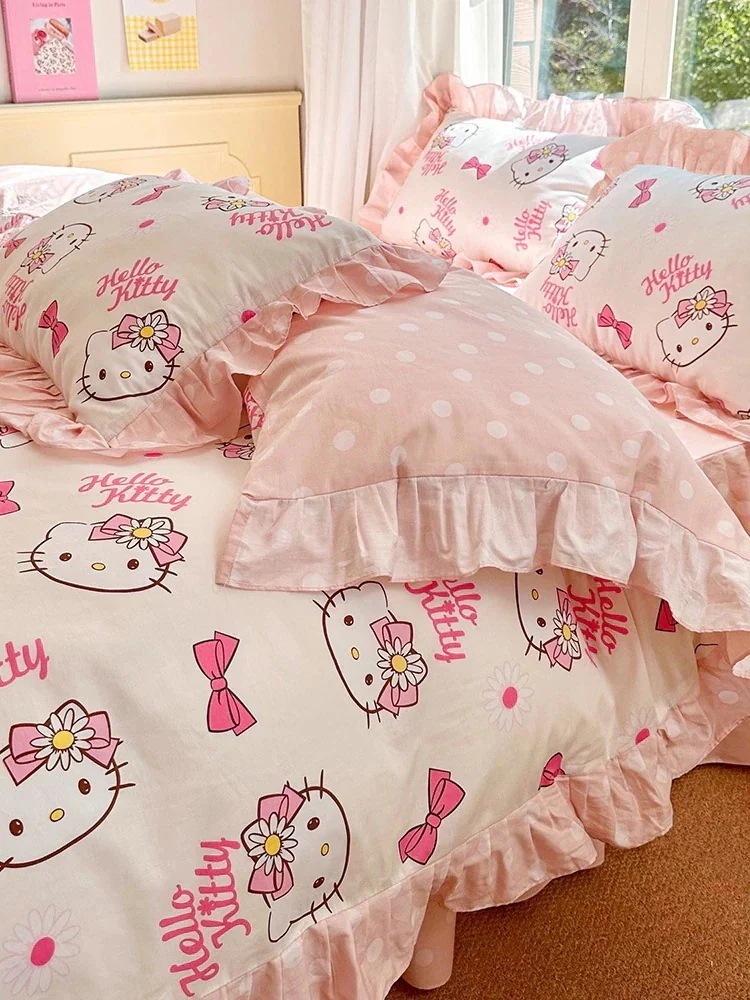 【急速出荷!】プリンセス4ピースコットンフルコットンエッジ猫キルトカバーシート寮ベッドスリーピースベッドスタイル