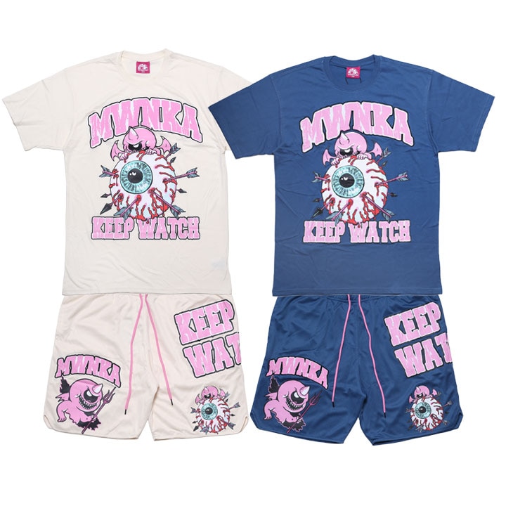 MISHKA 上下セット 半袖 ブランド Tシャツ ハーフパンツ メンズ 春夏用 白 青 大きいサイズ ミシカ セットアップ 派手 総柄 KEEPWATCH キープウォッチ