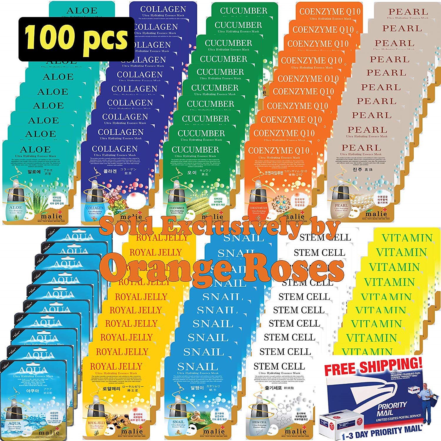 100個入り韓国超水和エッセンスマスクシート(10個入り)( 10 x 10 Types) 7,540円