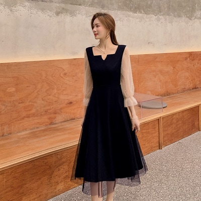 ワンピース フレアワンピース ミモレ ミモレ丈 ロング ロング丈 袖あり 長袖 スクエアネック チュール 切り替えデザイン ドッキング 透け感 シースルー かわいい 大人可愛い おしゃれ お洒落