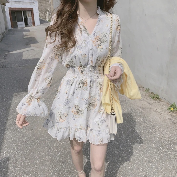 ワンピース ミニ ミニ丈 ショート ショート丈 袖あり 長袖 Vネック シフォン フリル ウエストマーク かわいい 大人可愛い シンプル カジュアル 大人 おしゃれ お洒落 かっこいい レトロ