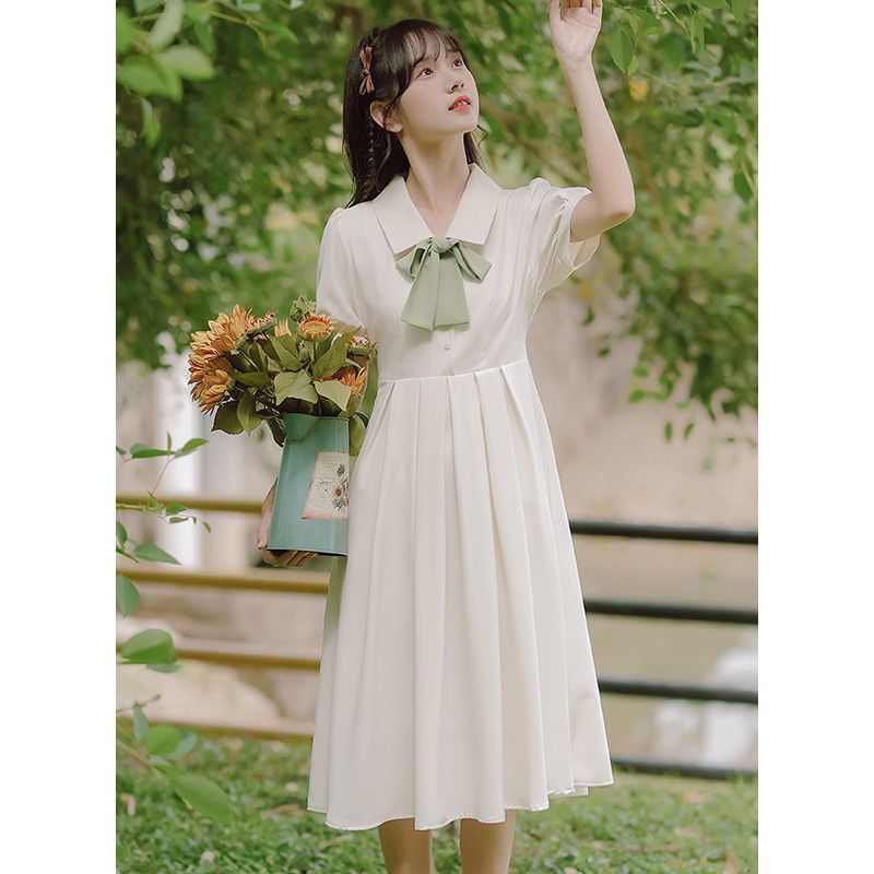 韓版蝶ネクタイウエストスリムプリーツ学生服夏甘い幼稚園半袖ワンピース 母の日