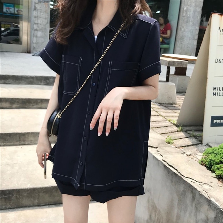 セットアップ ショートパンツ＋半袖シャツジャケットセット レディース 2点セット 上下セット ツーピース シャツスーツ 襟付きシャツ ショートパンツ 無地 黒 ブラック オシャレ シンプル きちんと感