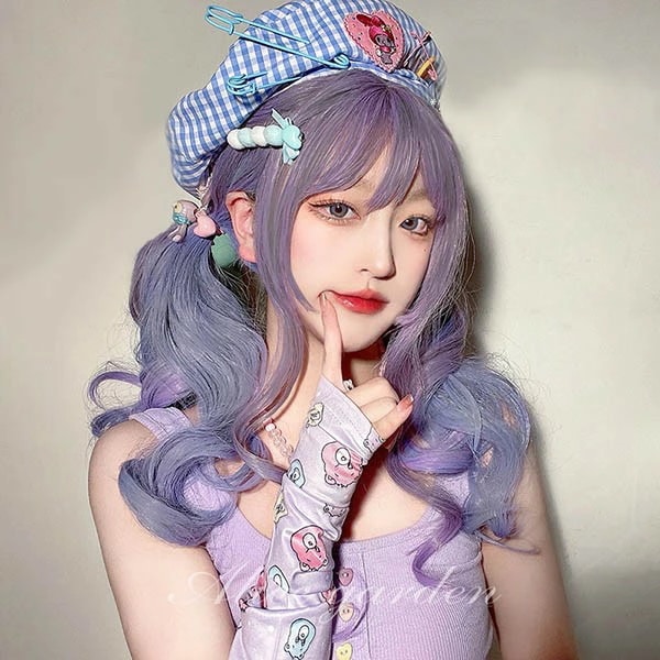 レディース フルウィッグ 巻き毛 グラデーション メッシュ ロング パープル ブルー 前髪あり 原宿風 ぱっつん前髪 コスプレ 可愛い コスチューム 仮装 超自然 エクステ かつら ロリータ Loli