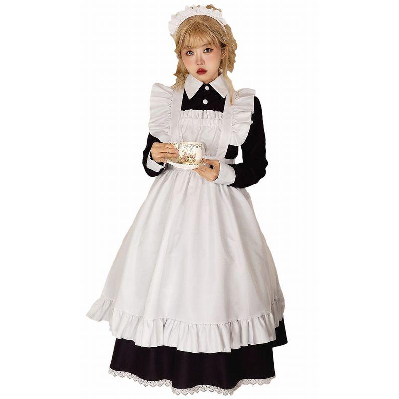 ハロウィン メイド服 ゴスロリ ロングドレス 長袖 ワンピース レストラン カフェ コスチューム コスプレ衣装 3点セット ブラック サイズ SXXL