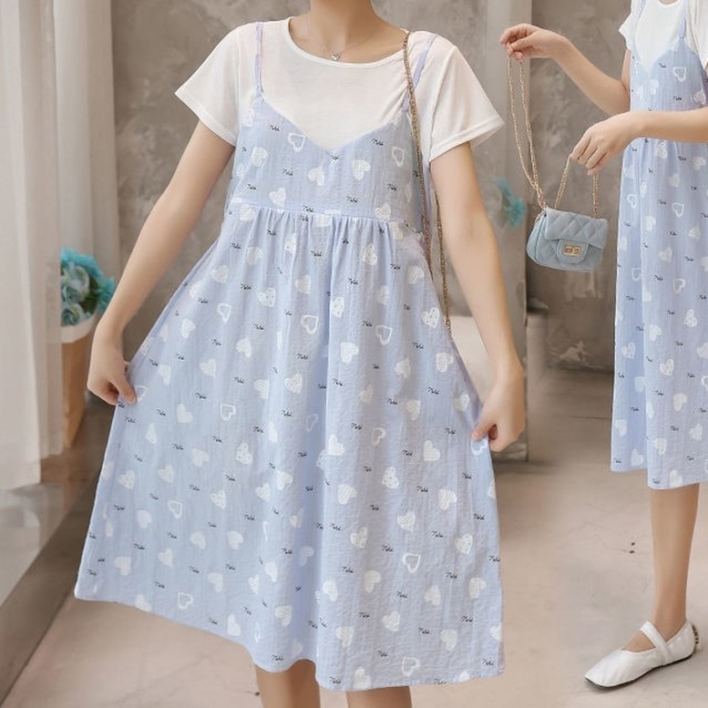 ワンピース レディース 重ね着風ワンピース Tシャツ レイヤード風 キャミソールワンピース ミディアム ドレス ビッグシルエット 大きいサイズ ひざ丈 半袖 異素材 切り替え ドッキングワンピ