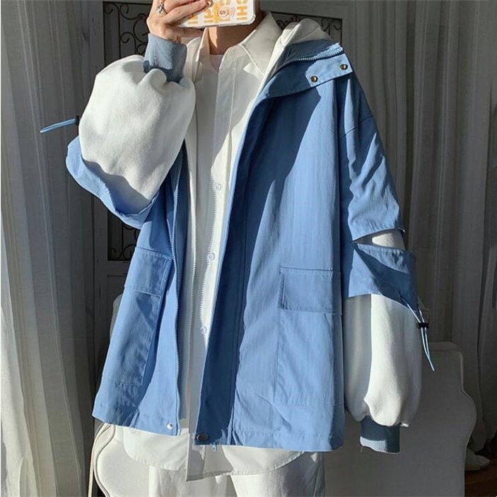 ジャケットメンズマウンテンパーカー切替レイヤード重ね着風カジュアル秋春春服コート
