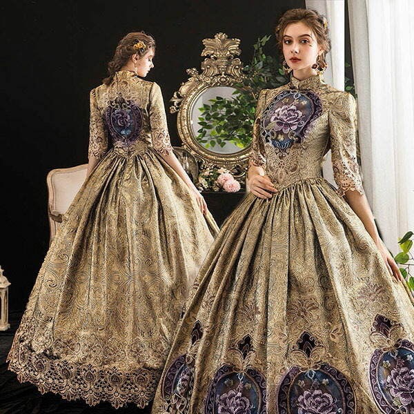 貴族 コスチューム 舞台 衣装 中世貴族風 お姫様 貴婦人 貴族ドレス ハイネック 五分袖 パーティー cosply 中世ファスナー 用 ロングドレス ワンピース 刺繍 プリンセスライン フリル Aラ