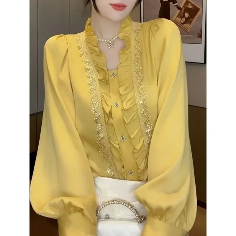 女性のためのルーズフィットレーススプライシングブラウス,フレンチスタイル,カジュアルでシック,韓国版,新しい春のコレクション2022 - 200000345