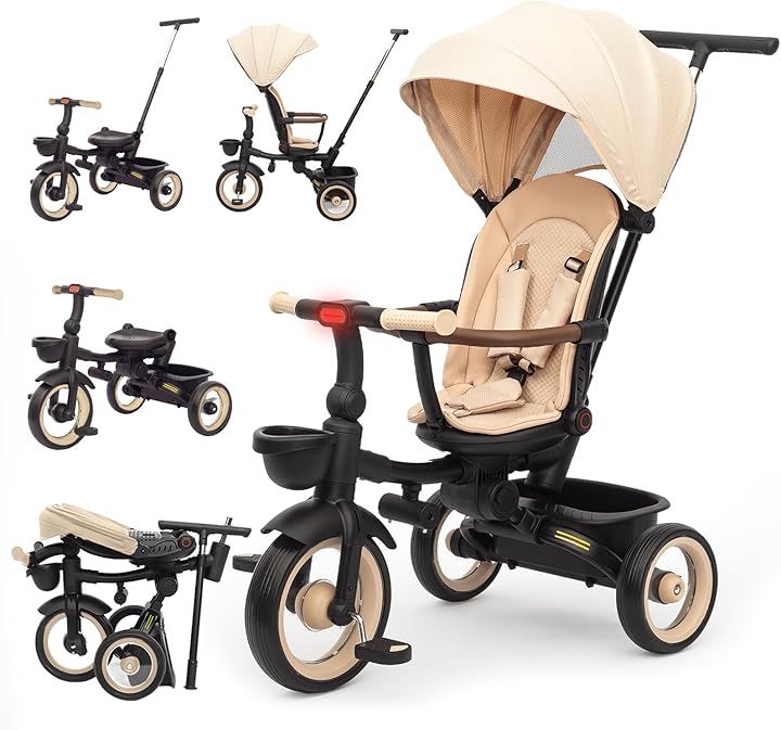 子供用三輪車 7in1 折りたたみ 手押し棒 おしゃれ シートベルト付き 調整可能 コンパクト 乗用玩具 キッズバイク おもちゃ プレゼント お祝い (カーキ)