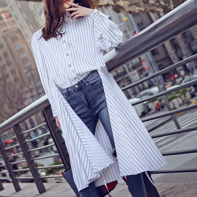 レディース ストライプロングシャツ シャツワンピース トップス アウター シャツ 長袖 襟付き スリ