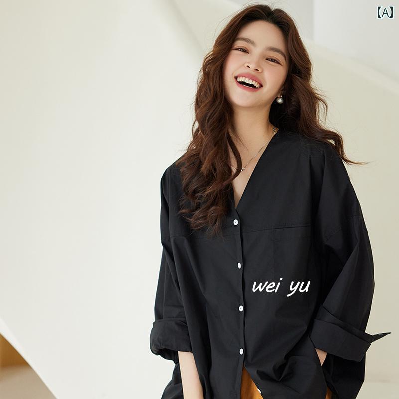 Vネック　シャツ　レディース Weiyu 大きいサイズ レディース Vネック シャツ 春夏 2025 長袖 無地 カジュアル ファッション トップス