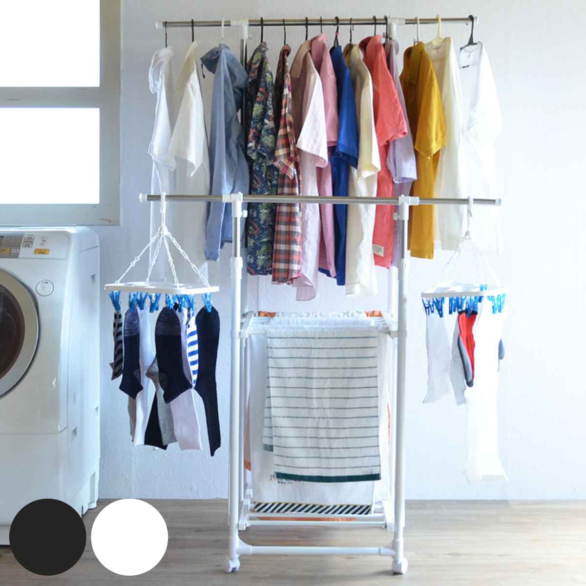 物干し 室内 コンパクト ワンタッチ収納洗濯物干しラック 洗濯物干し 室内物干し スタンド 伸縮 キャスター 物干しスタンド ステンレス ハンガーラック ブラック ホワイト