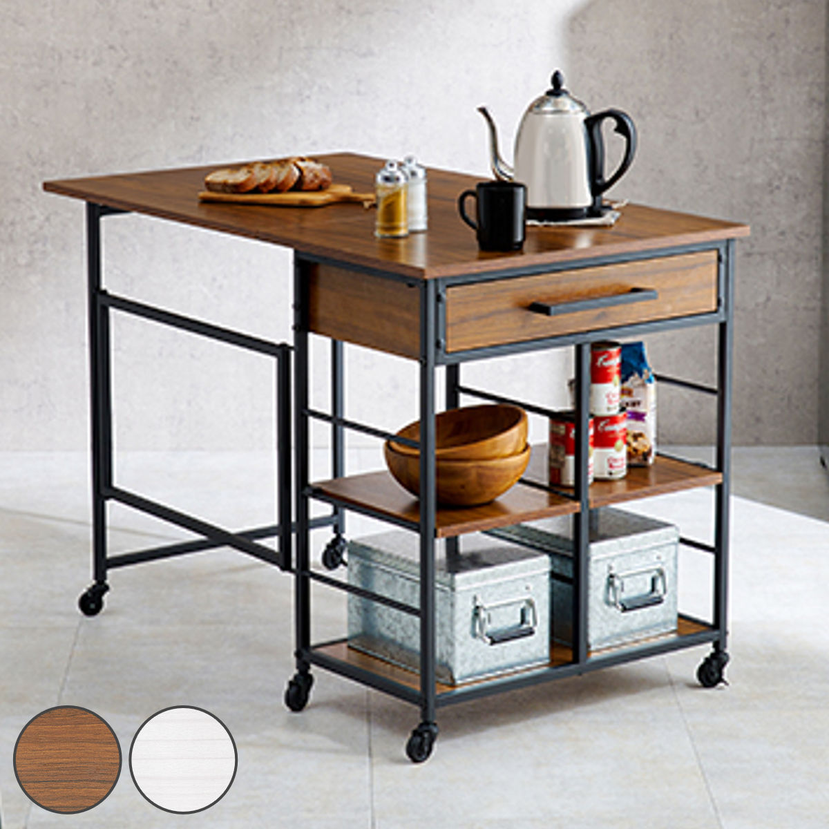 バタフライワゴン 引出し付 メラミン化粧天板 幅44.5-100cm キッチン収納 収納 ラック 収納ラック キャスター付 折りたたみ キッチン バタフライ 収納ワゴン ブラウン ホワイト