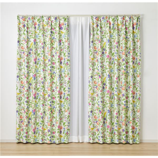デザインライフ 遮光カーテン フルーツトリ 約幅100x丈200cm グリーン V1351 1枚入
