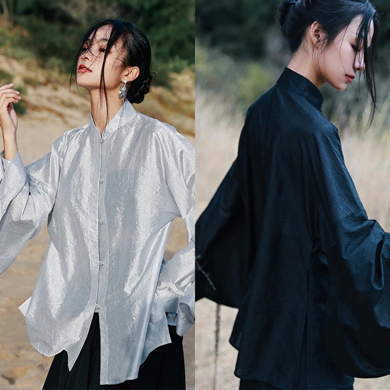 チャイナ風シャツ レディース ブラウス 長袖 広袖 チャイナ服 漢服元素 微透 シルバー ブラック